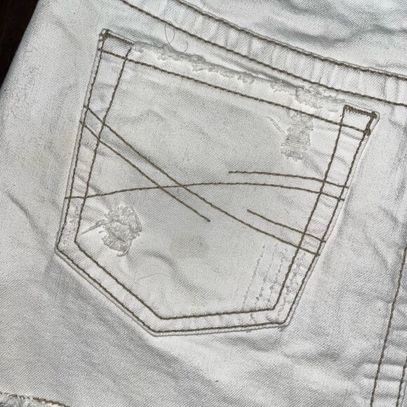 Aeropostale / Denim Mini Skirt Jean Raw Edge Hem Fringe A-Line Size 5/6 Stretch - Picture 5 of 6